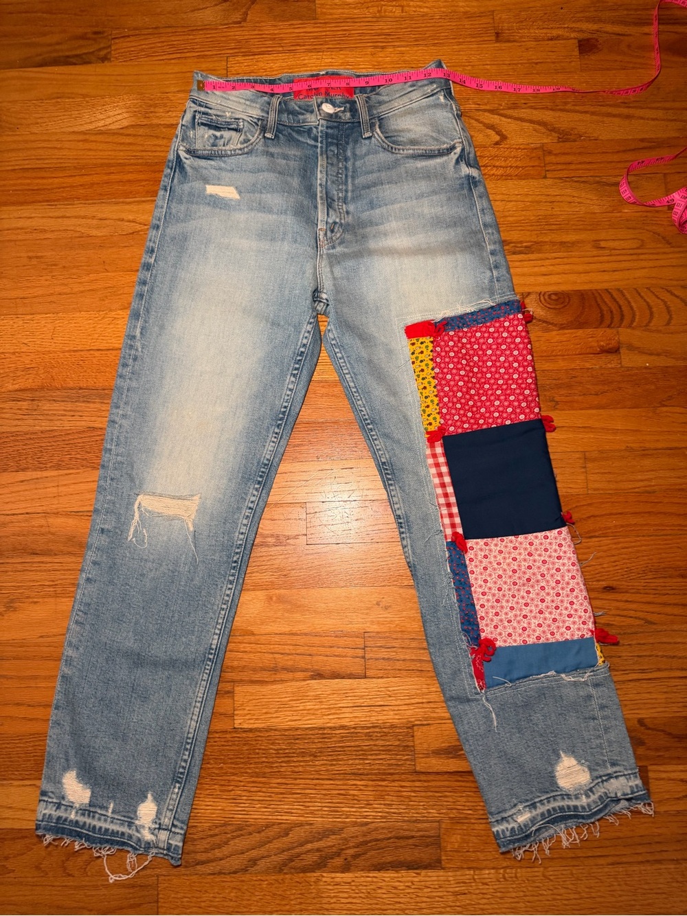 MOTHER x Carolyn Murphy "Homegrown" Patchwork Distressed Straight Leg Jeans